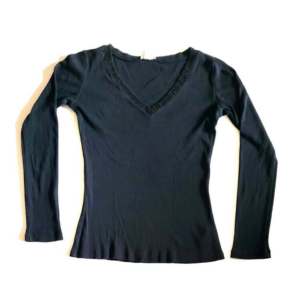Pre-Owned Black Top JOE Brand Small Body Hugging Fit Skinny Shoulders V-Shaped